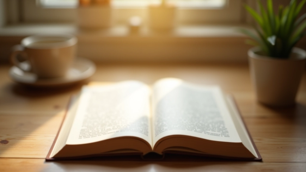 Open book on table with coffee cup, cozy reading nook, warm lighting, peaceful setting