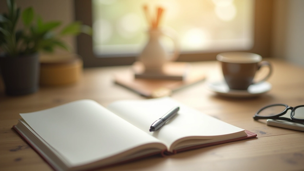 Person writing in journal with coffee nearby, peaceful workspace, morning light, cozy setting