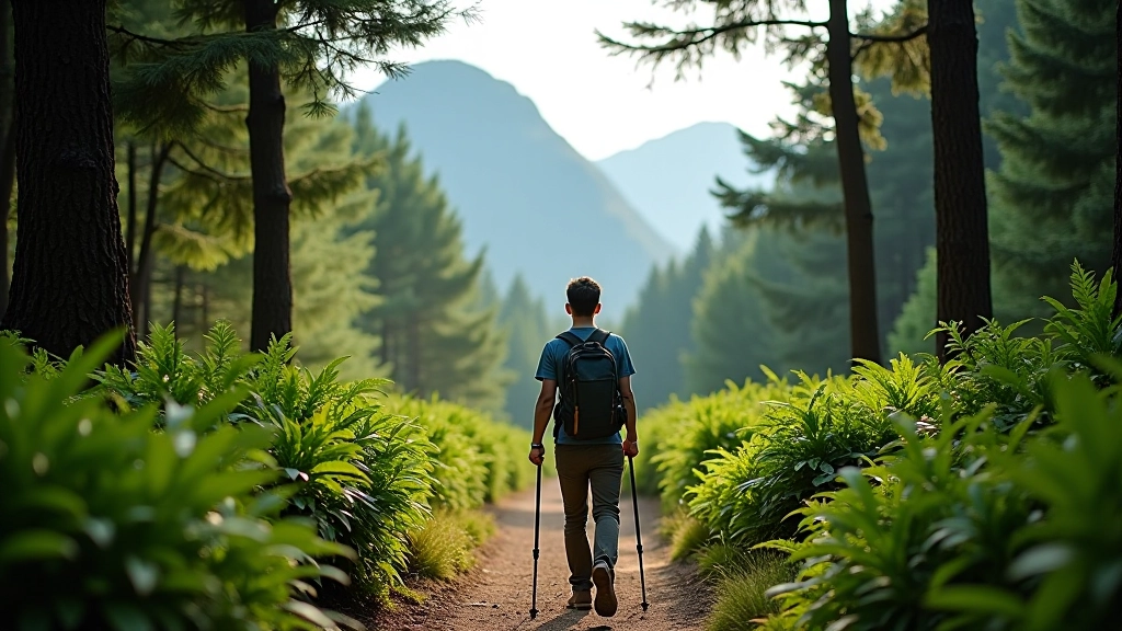 Hiking trail in forest with person walking, mountains visible, no technology visible, nature scenery