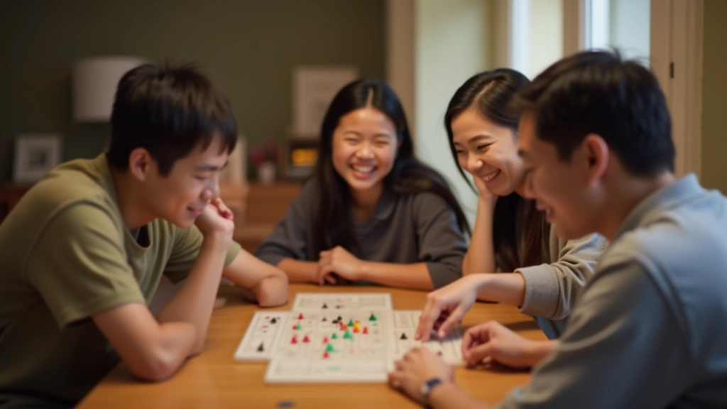 Friends playing board game together at table, laughing and engaged in conversation