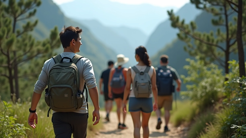 Group of people hiking on mountain trail, laughing together, trees and sky visible, outdoor group activity
