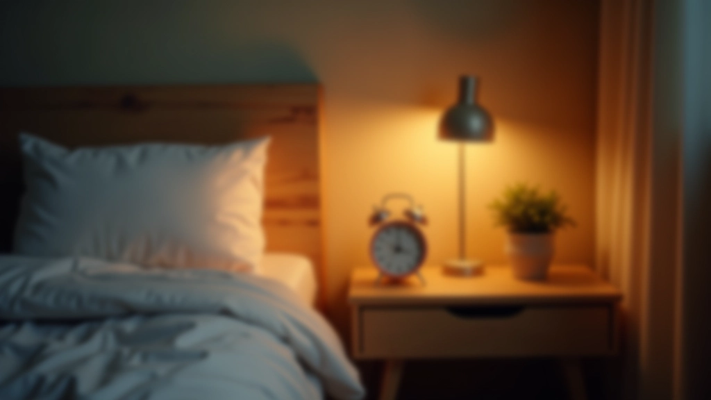 Minimalist bedroom nightstand with traditional alarm clock and reading lamp, no electronics visible, warm ambient lighting, close-up detail shot