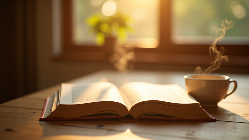 Open book on wooden table with warm natural light, cup of tea nearby, cozy reading setup