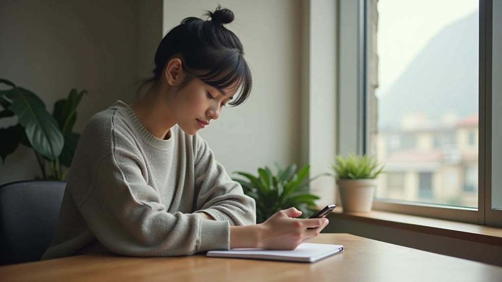 Person sitting peacefully by window with notebook, phone face down on table, morning natural light