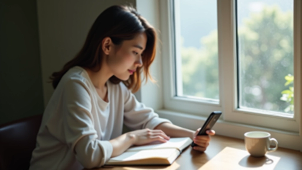 Person sitting by window with journal, phone face-down on table, natural morning light