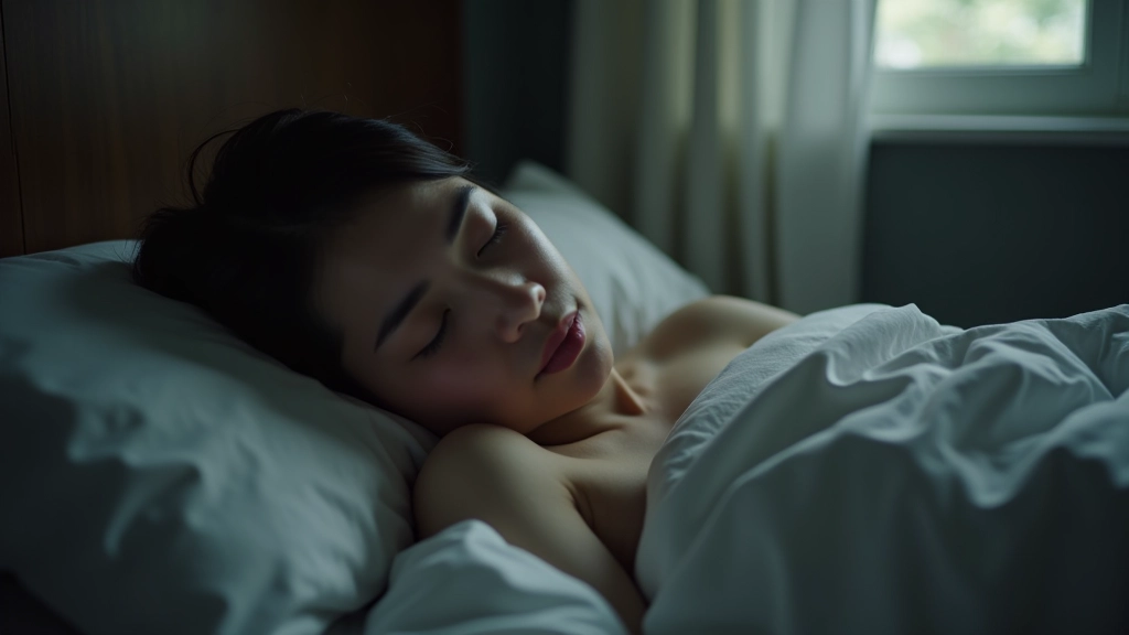 Person sleeping peacefully in bed, dark bedroom, morning sunlight, rested appearance