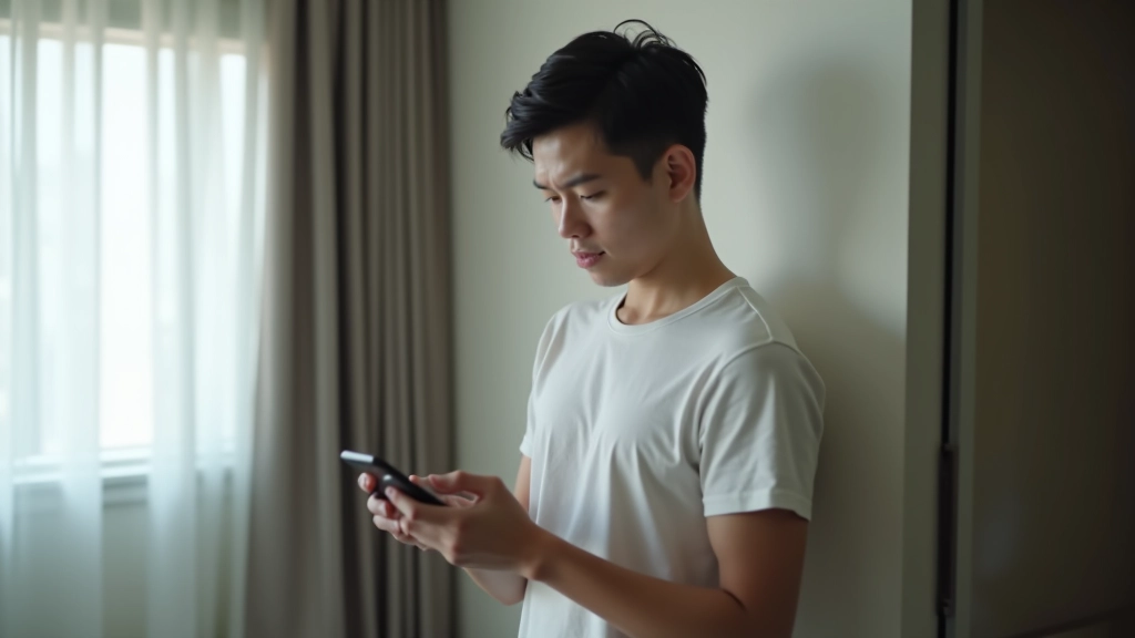 Person checking phone less frequently, slightly anxious expression, modern home setting