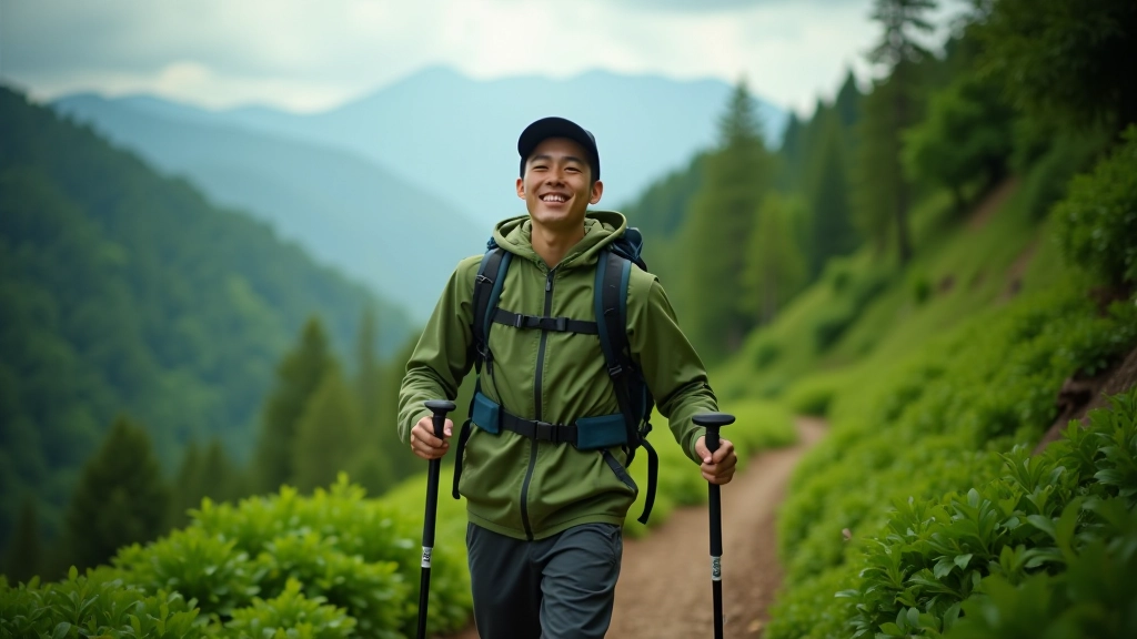 Person hiking on forest trail with hiking poles, mountains visible in background, no phone visible