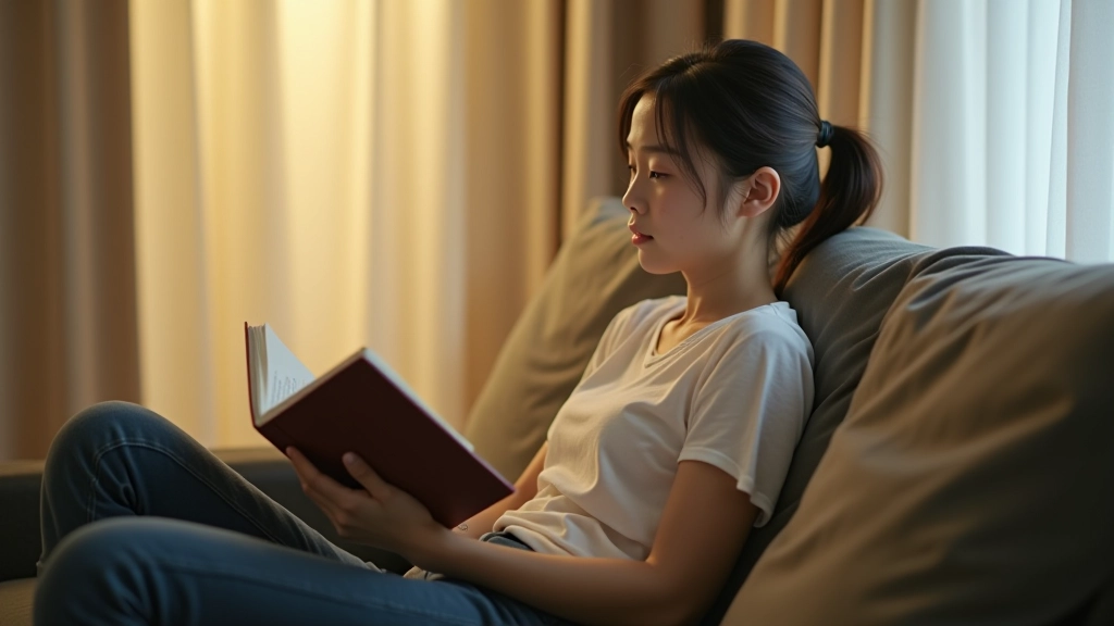 Person reading book with focused expression, comfortable couch setting, warm lighting, peaceful