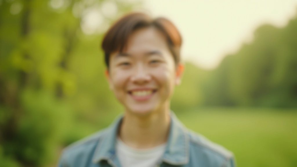 Person looking satisfied and peaceful, outdoor setting, natural expression, genuine smile