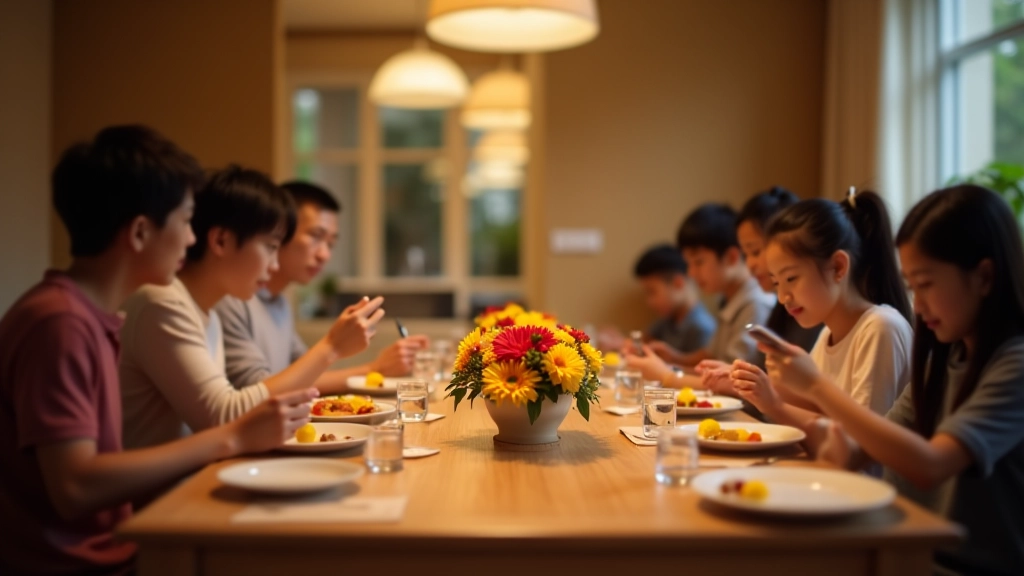 Family dining table set for meal with no phones visible, warm table lighting, fresh flowers in center, place settings visible, cozy dining room atmosphere