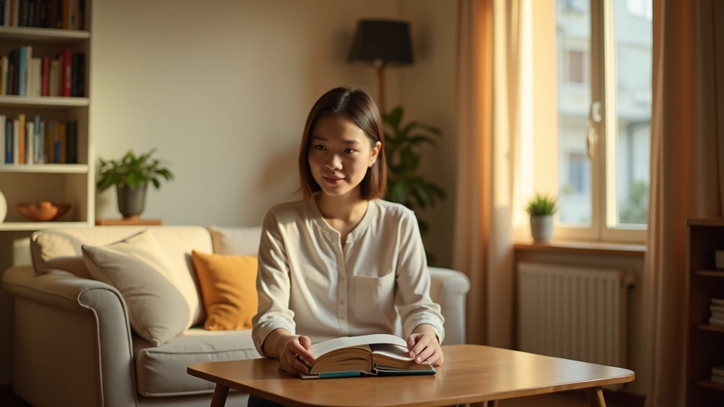 Cozy living room with comfortable seating and natural light from windows, bookshelf visible, no screens or devices in view, warm neutral tones